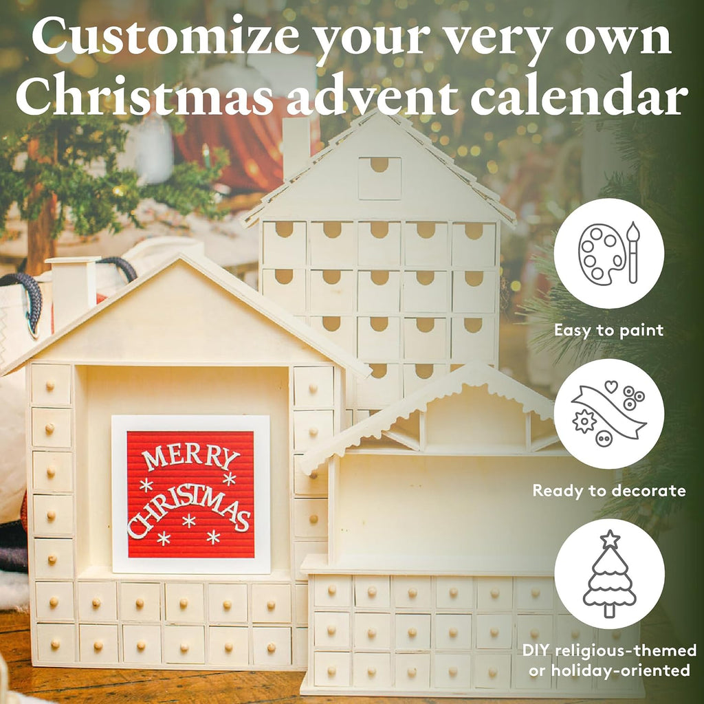 Wooden Winter Advent Calendar 2 x 8 Inch, Pack of 1 Craft Christmas Advent Calendar with 24 Empty Drawers