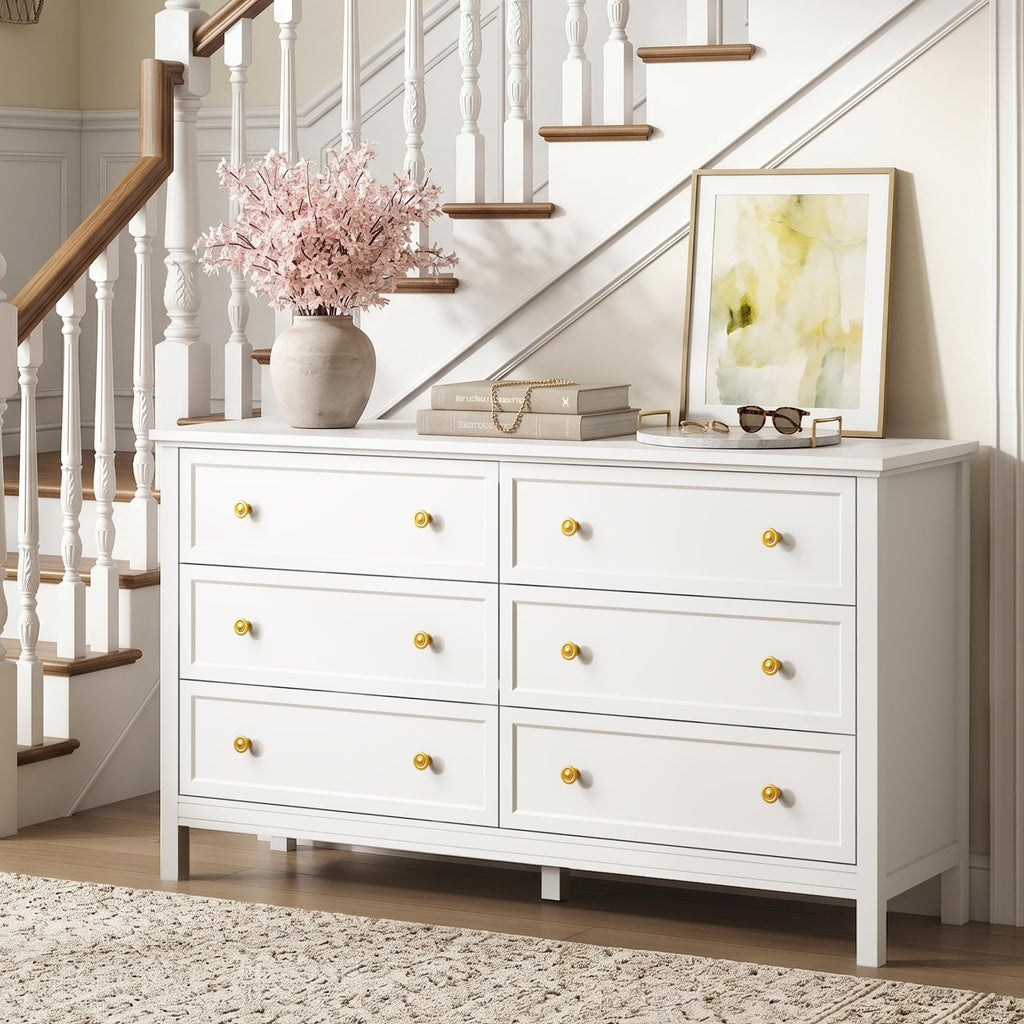 White, 55" Modern with 6 Drawers Gold Handles