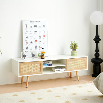 55.12" Rattan TV Stand with Sliding Doors, Adjustable Shelves, Solid Wood Legs, Farmhouse Style Spacious Media
