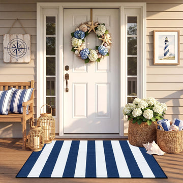 Nautical Navy White Stripe Outdoor Rug 2' X 3' for Front Porch