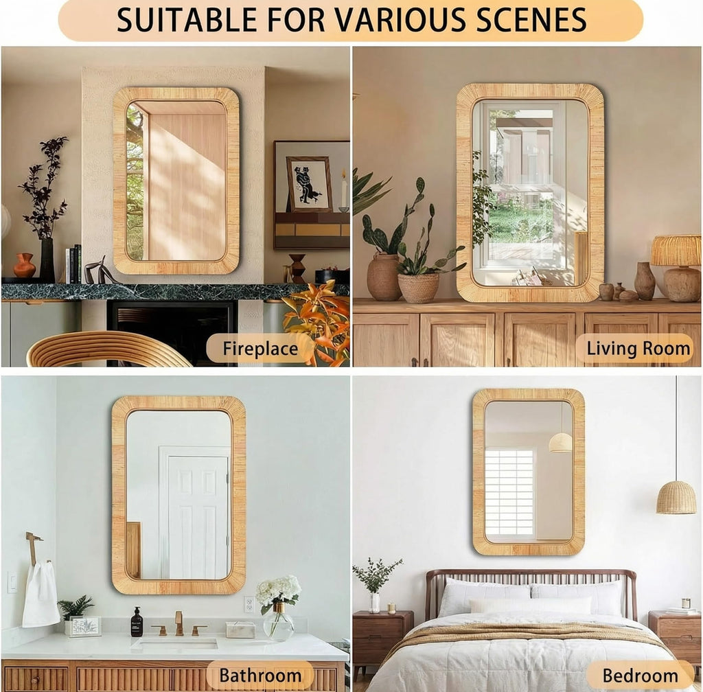Rattan Rectangular Mirror 24x36, Boho Decorative Wall Mirror, Farmhouse Vanity Mirror Decor, Nursery & Children's