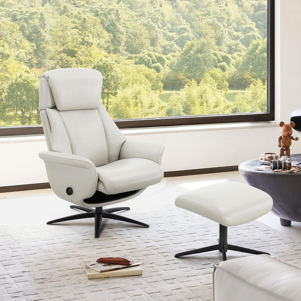 Modern Reclining Swivel Lounge Chair and Ottoman — Grey Genuine Leather