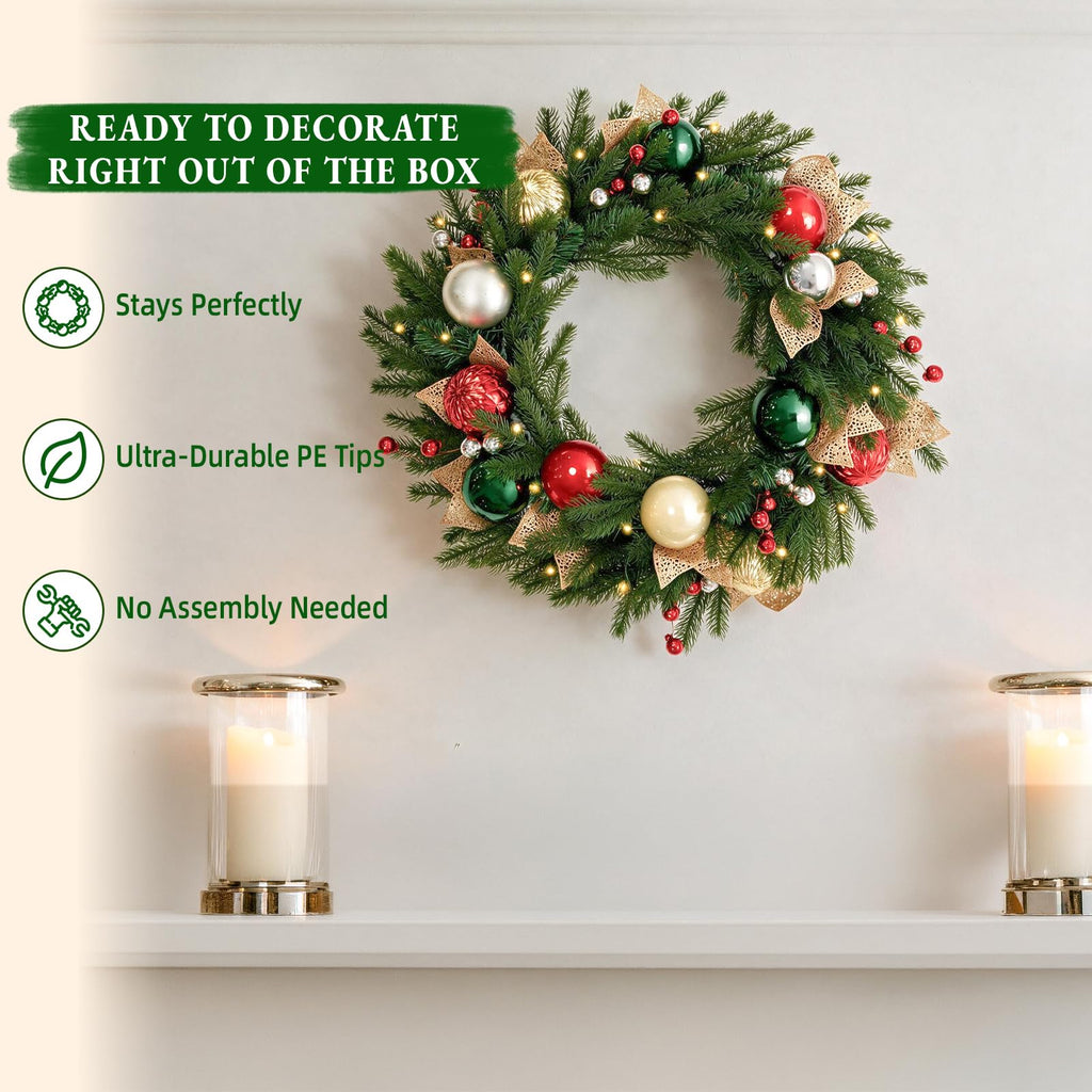 24 Inch Pre-Lit Christmas Wreath with 30 Warm White LED Lights and Timer, Battery Operated Artificial PE & PVC Wreath