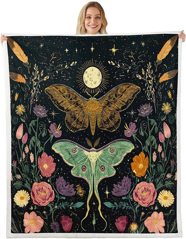 Moth Wildflower Throw Blanket Dark Witchy Boho Bed Sofa Couch Partner Botanical Neutral Living Room Decor Lightweight
