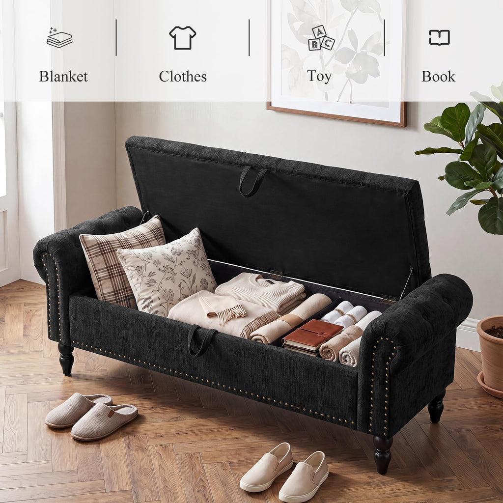 63" End of Bed Storage Bench, Bedroom Bench with Button-Tufted, Upholstered Storage Ottoman Benches Window Bench with