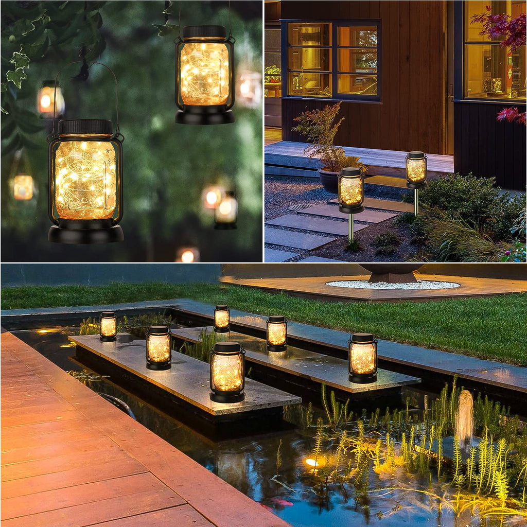 4 Pack Solar Mason Jar Hanging Lantern with Stakes, Warm White
