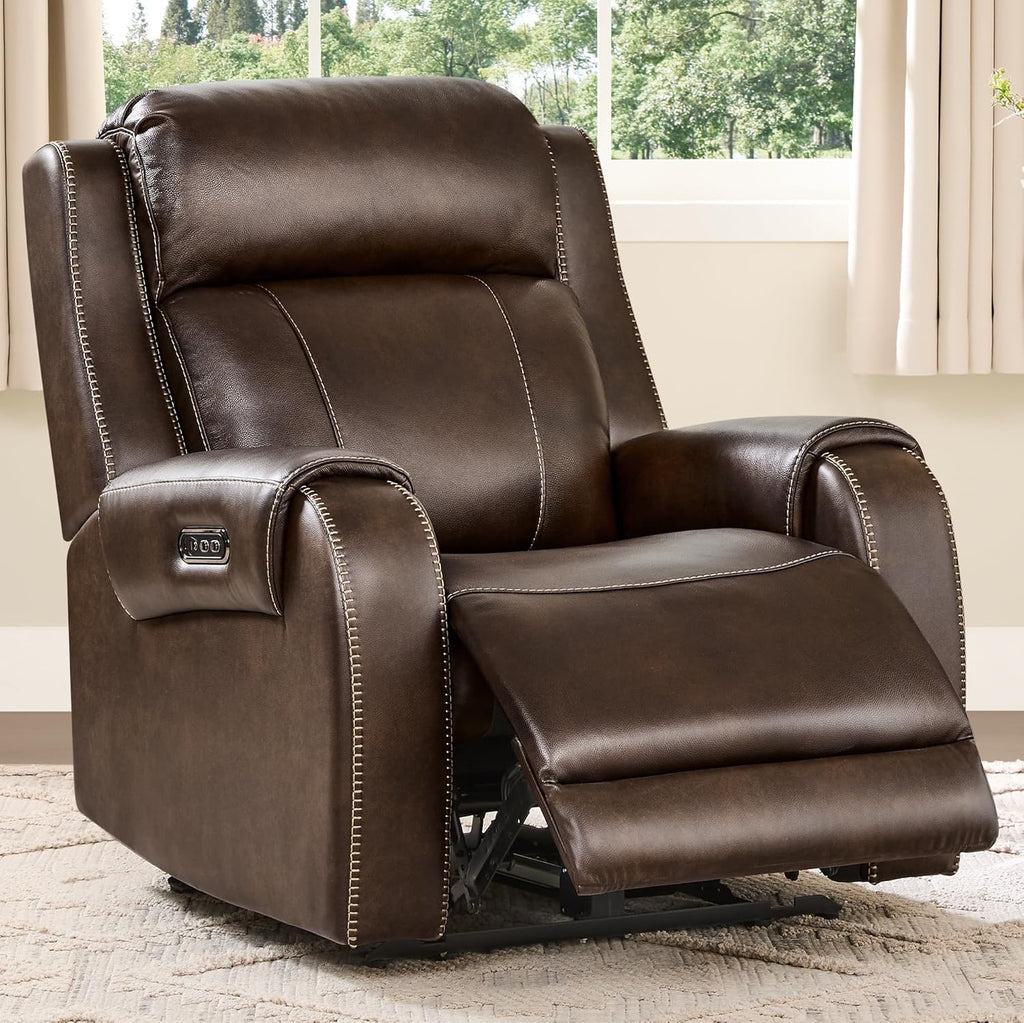 Genuine Leather Power Recliner Chair for Adults, Electric Wall Hugger Recliner with Adjustable Power Headrest &