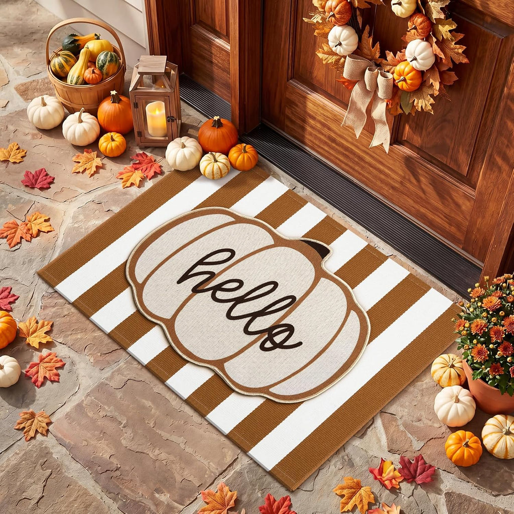 24" X 36" Pumpkin Layered Doormat Set for Front Door | Pumpkin Pattern, Brown and White Striped Layering Rug, Linen