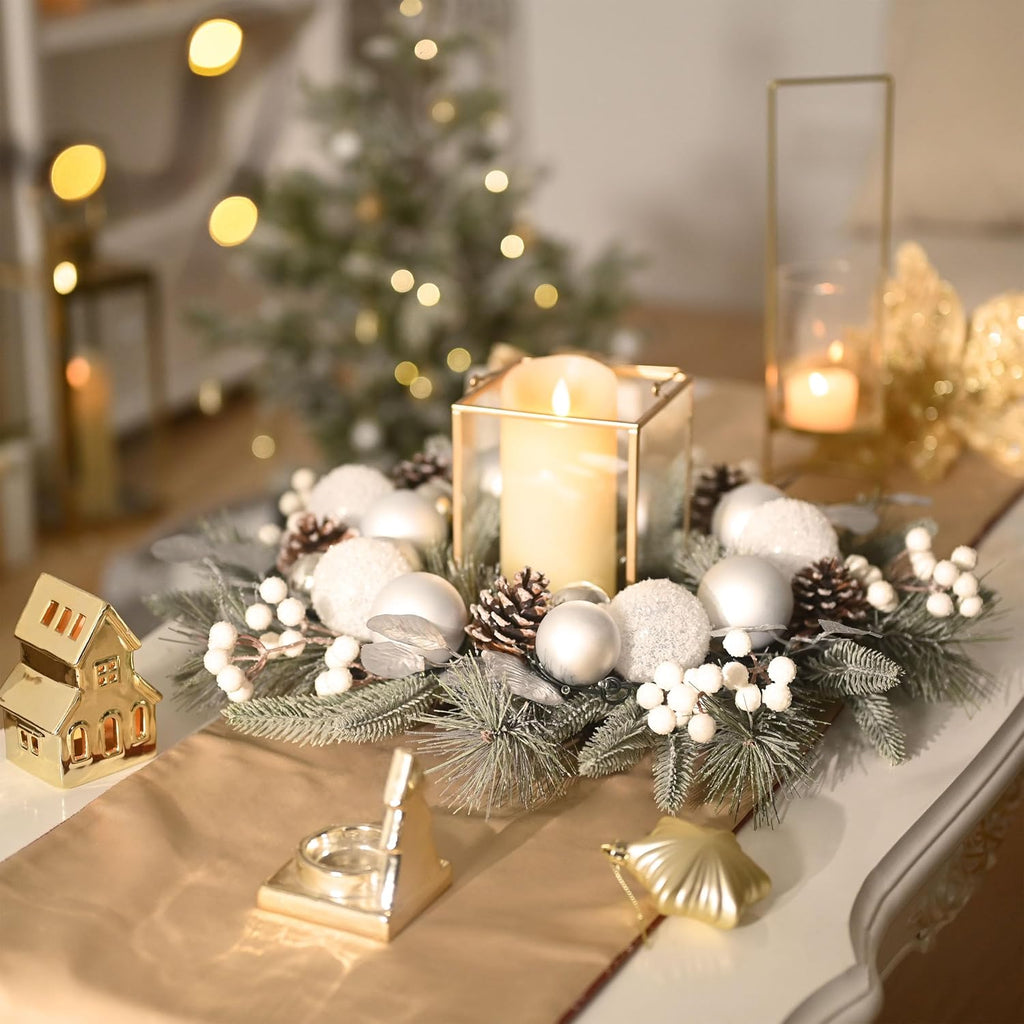 20'' Pre-Lit Christmas Wreath for Front Door with Lights, Lighted Christmas Door Wreath with Silvery White Xmas Ball