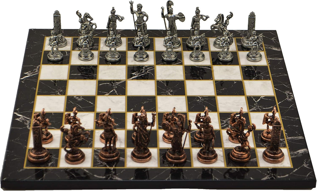 Metal Chess Set for Adults Greek Zeus Antique Copper Figures,Handmade Pieces and Marble Design Wooden Chess Board