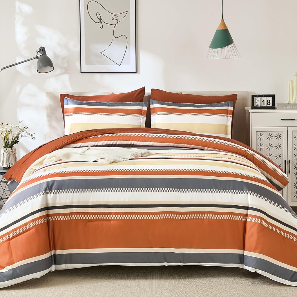 Queen Comforter Set, 7 Pieces Bed in a Bag Orange Queen Bed Set, Soft Boho Striped Bedding Sets with Sheets
