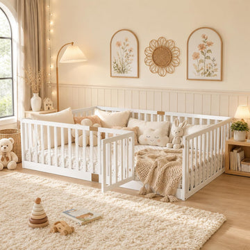 Montessori Floor Bed with High Rails, Door & Slats for Kids, White