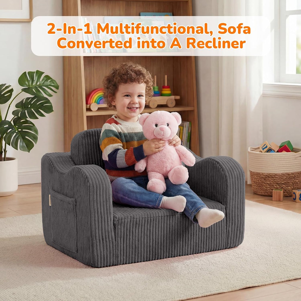 Kids Chair, in-1 Corduroy Fold Out Sofa, Foam Seat, Dark Grey