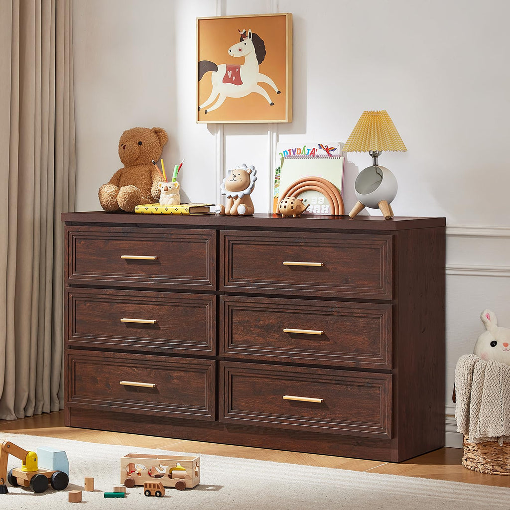 55.1" Wide Farmhouse 6 Drawers Dresser, Walnut