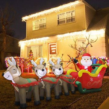 9.5 FT Christmas Inflatable Santa Claus on Sleigh Pulled by Three Reindeers with Gift Boxes, Blow up Lighted Yard