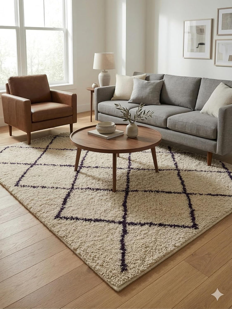 Handmade Moroccan Berber Area Rug, 100% Wool High Pile Shag, Beni Ourain Style, Ivory/Cream with Purple