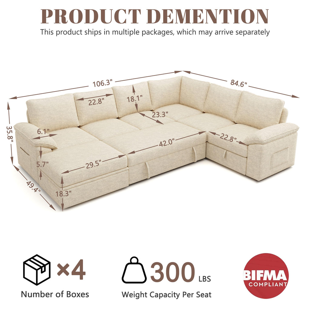 106'' Modular Sectional Sofa with Pull Out Bed, Sleeper Sofa, Beige