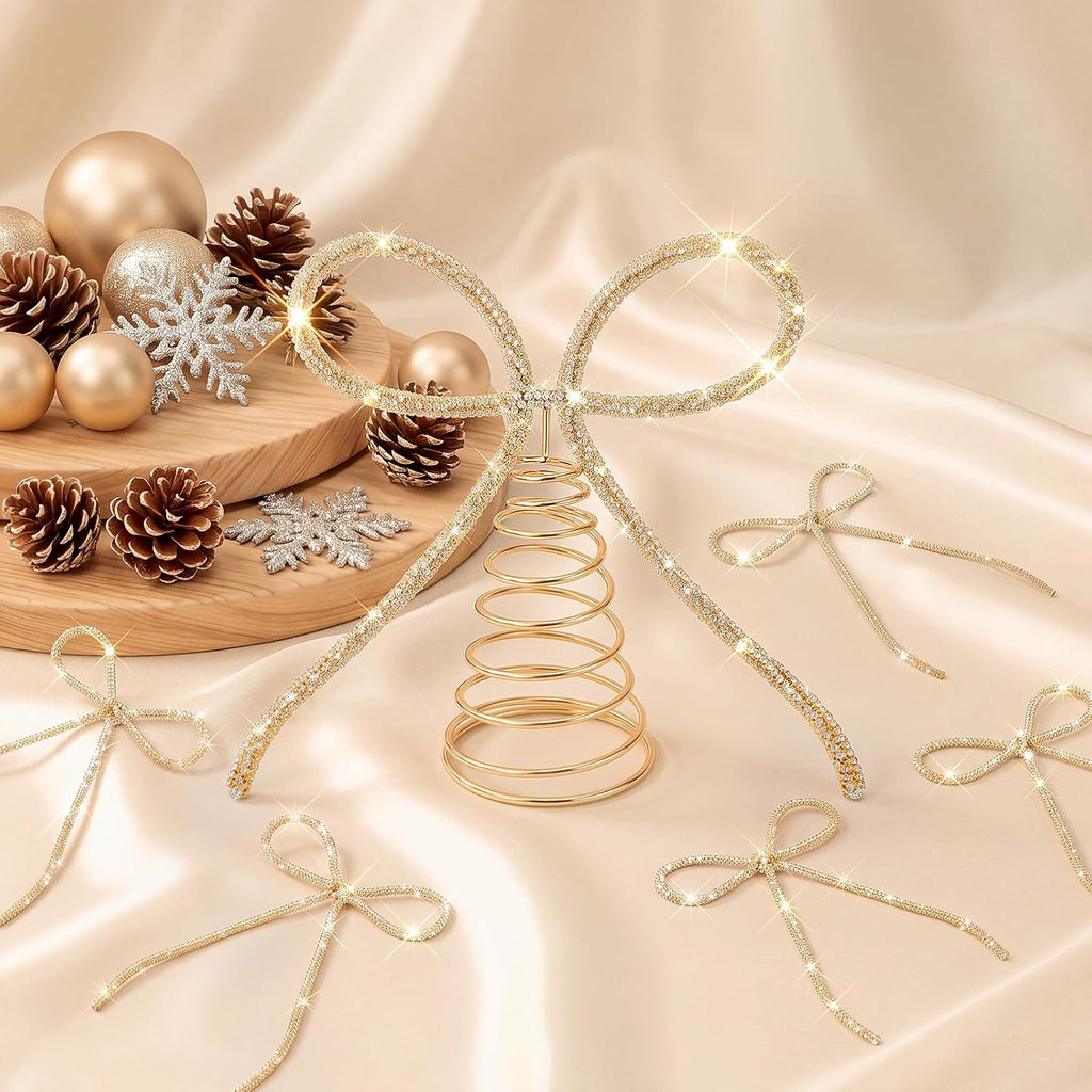 10'' Christmas Rhinestone Bow Tree Topper Ornaments Set, Gold
