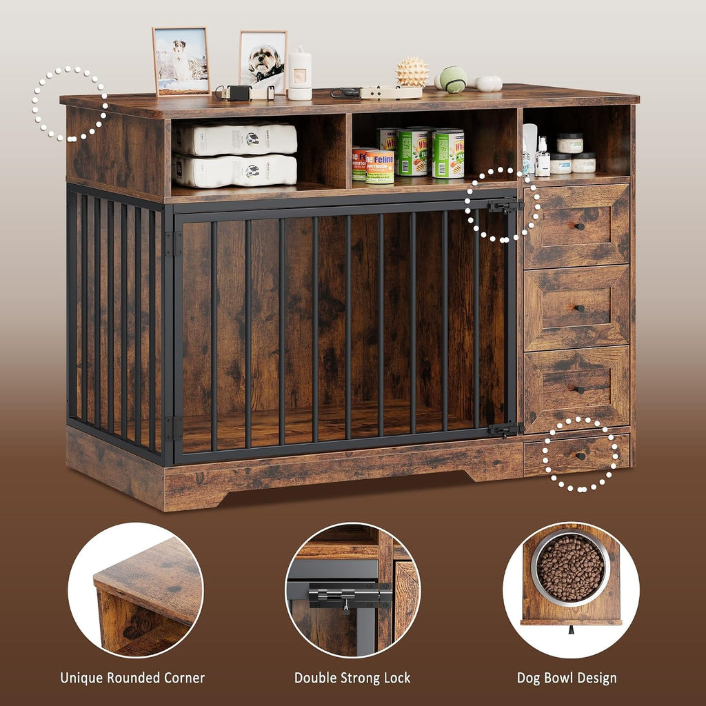 Dog Crate Furniture with Bowl, Medium Dog Cage, Retro Brown