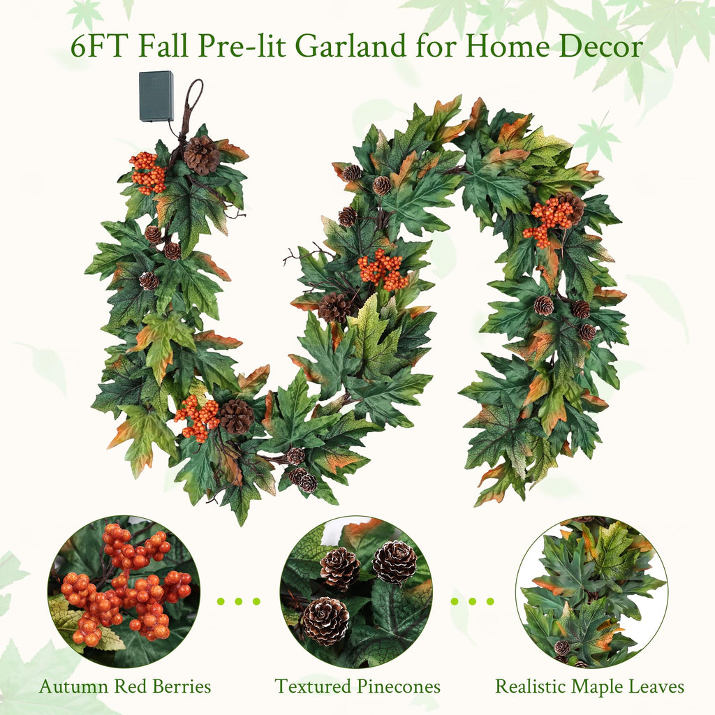 6ft Lighted Fall Garland with 30 Lights & Automatic Timer & Maple Leaves