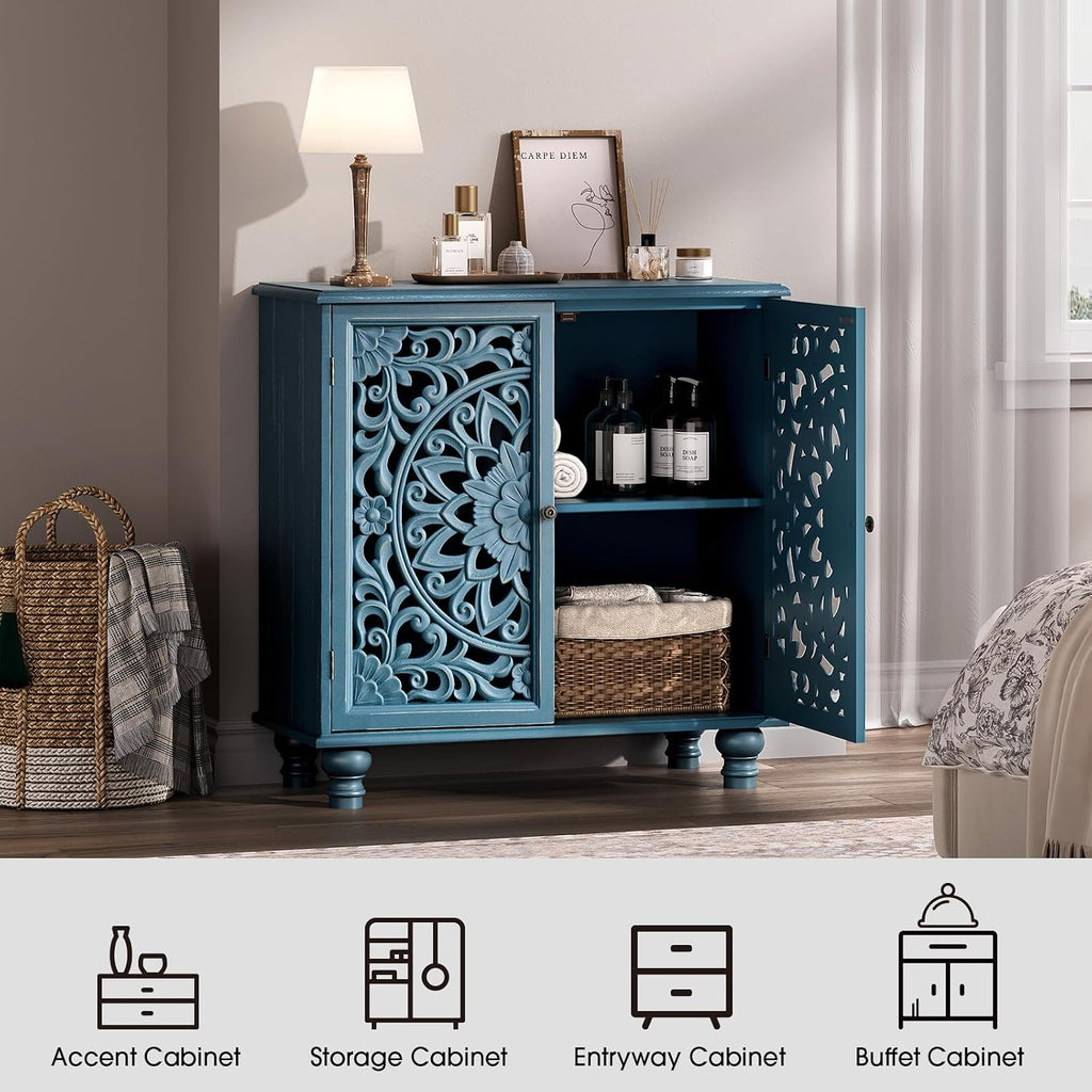 31" Accent Storage Cabinet with Carved Doors,Mandala Blue | Carved Floral Design, Solid Wood Legs, Versatile Storage