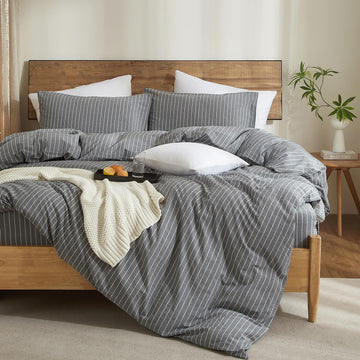 Grey Striped Duvet Cover Set Cotton Linen‐Like 3pcs 90"x90"