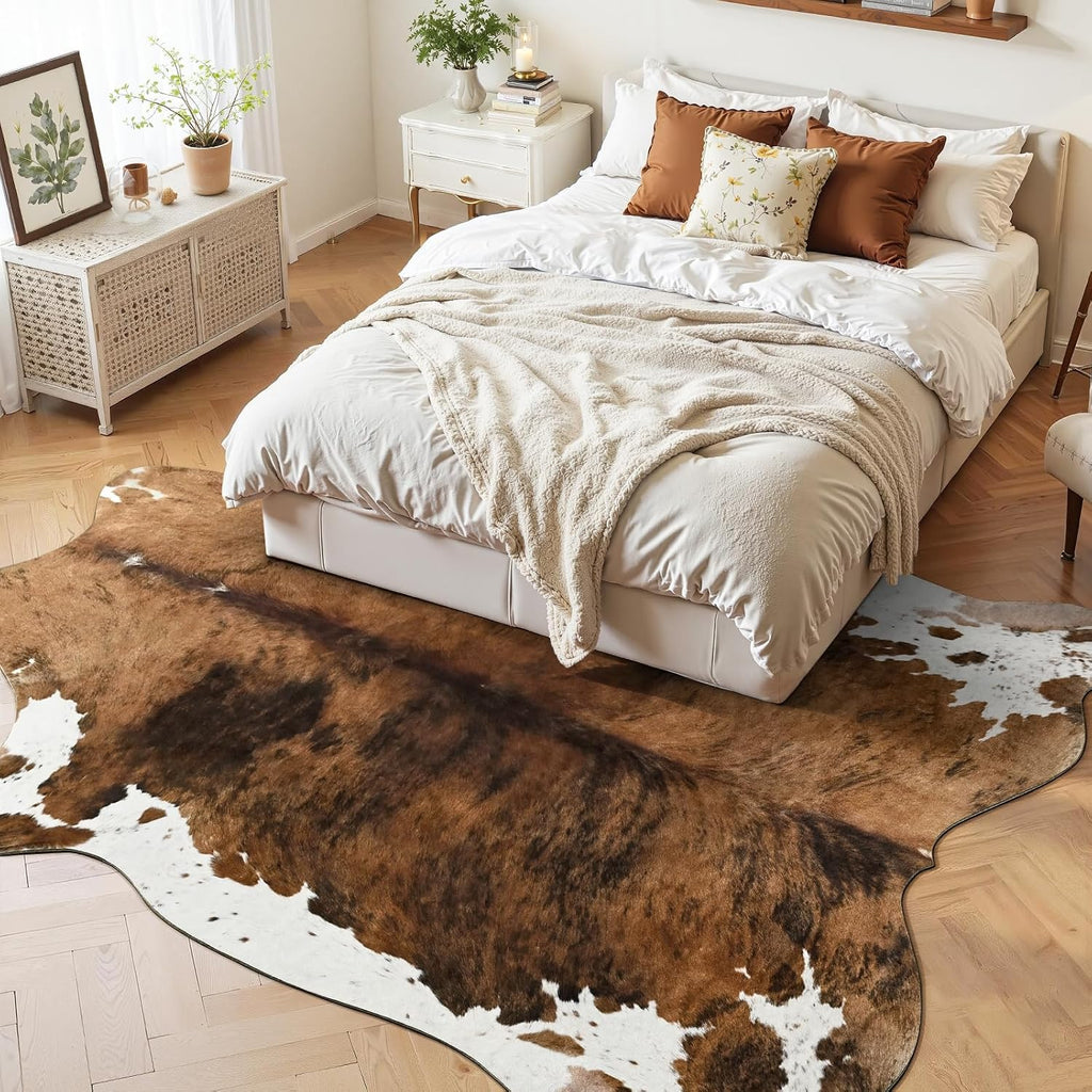 Faux Cowhide Print Rug, 4. .2 ft Brown Western Animal Cow Hide Rugs, Non Slip Cool Cow Skin Carpet Dining Room