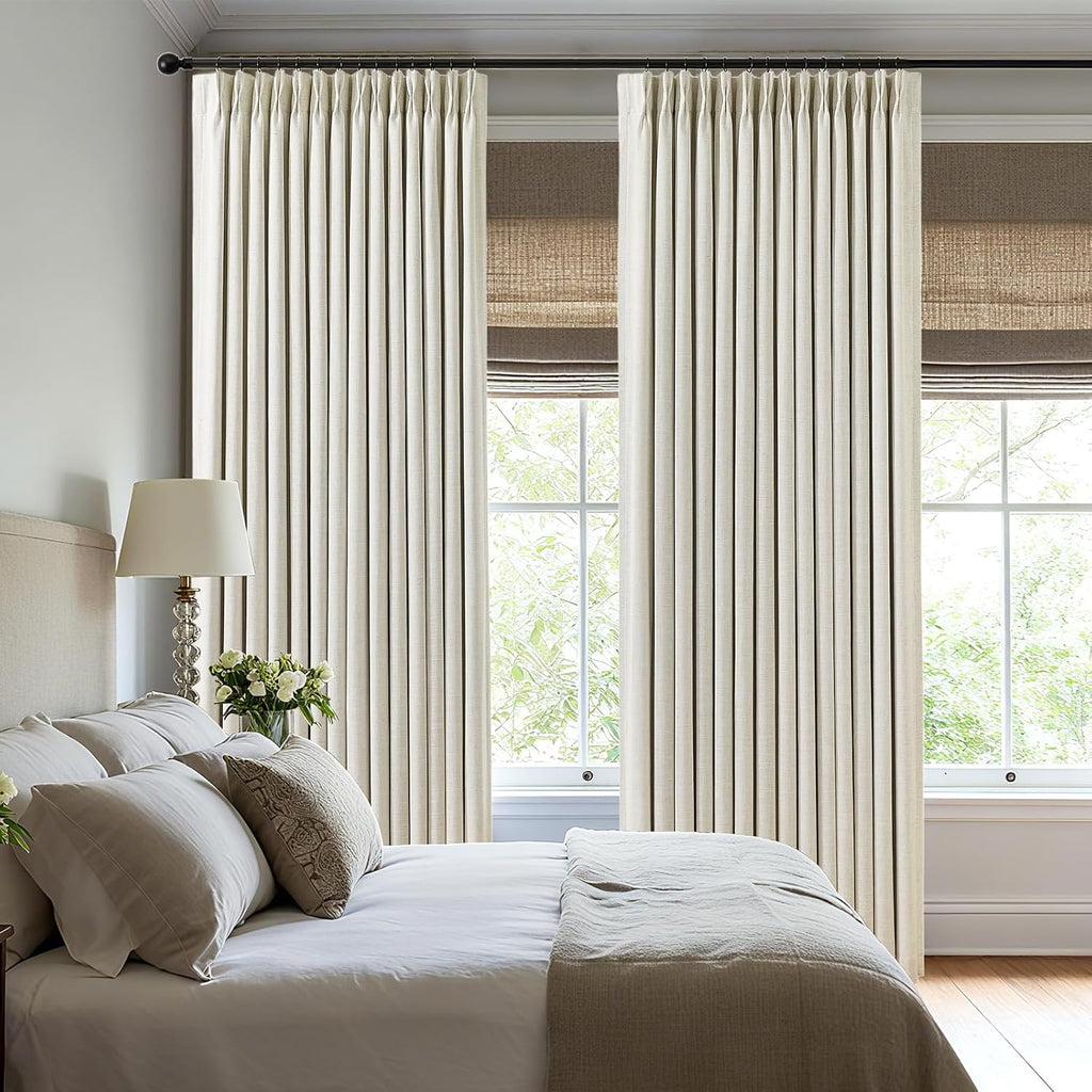 Pinch Pleated Linen Curtains (Set of 2 Panels) 100% Blackout 95 Inches Long