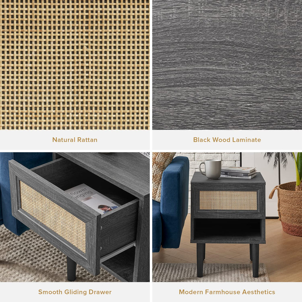 Haylee Rattan Side Table, Small Accent Tables, Mid Century Modern Night Stand, Bedside Tables, Wood Nightstands