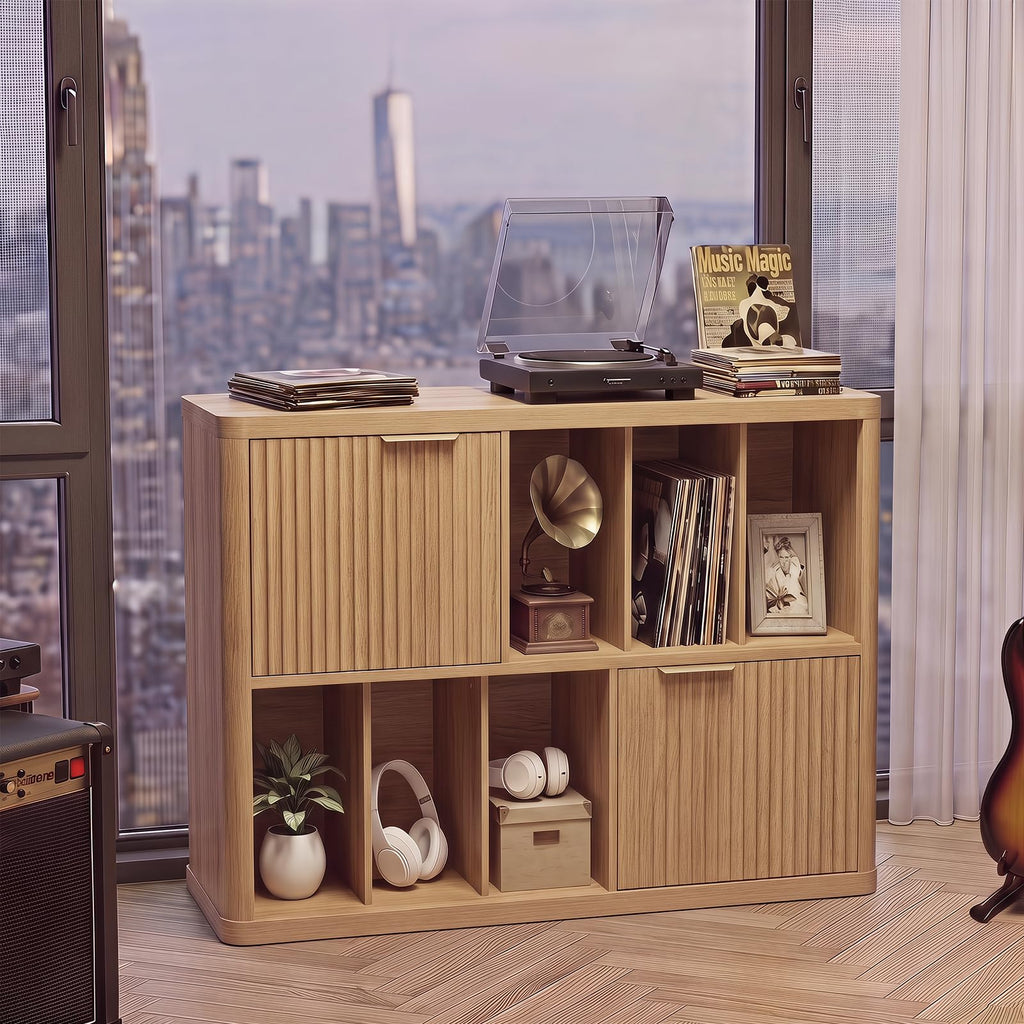 Large Record Player Stand - 39.5" Record Cabinet with Open Vinyl Storage Holds up to 400 Albums, Modern Vinyl Player