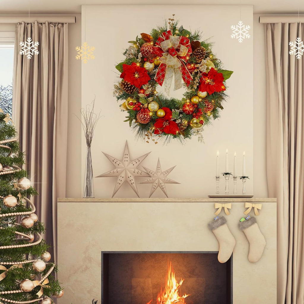 30 Inch Christmas Wreath, Pre-lit Christmas Wreaths for Front Door with 40 LED Lights Pine Cones Red Gold Balls