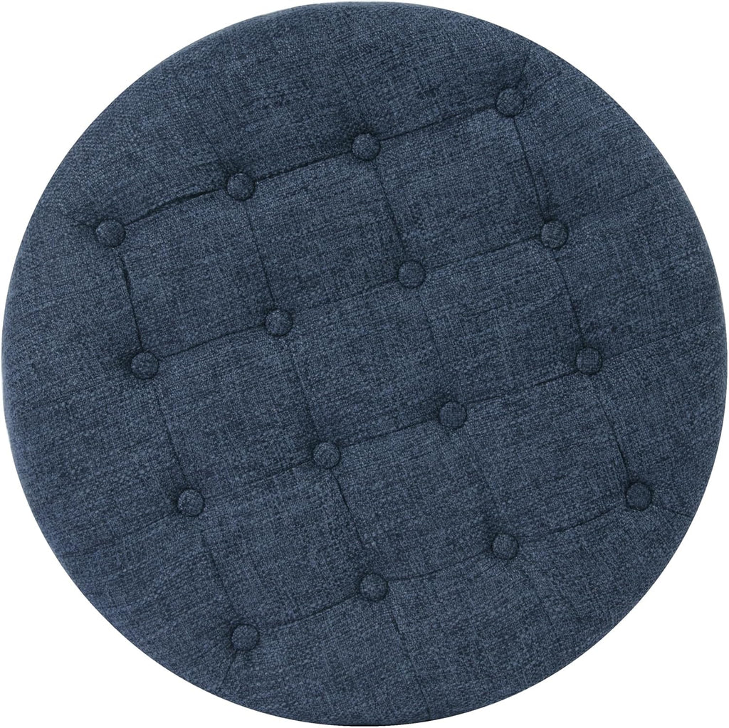 Home Decor | Large Button Tufted Woven Round Storage Ottoman (Navy Woven) 25 inch D x 25 inch W x 15 inch H