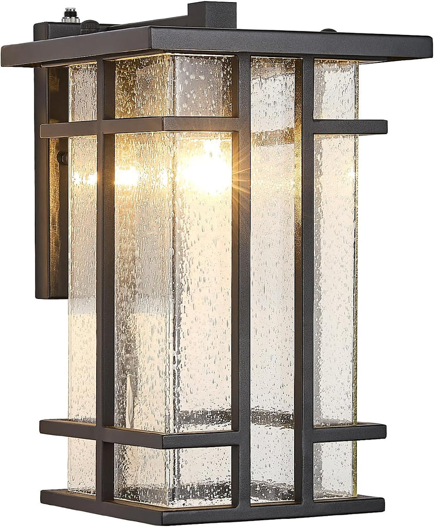 Rustic Dusk to Dawn Outdoor Wall Light Fixture 13.8"H Waterproof Exterior Wall Sconces Black Metal with Seeded Glass