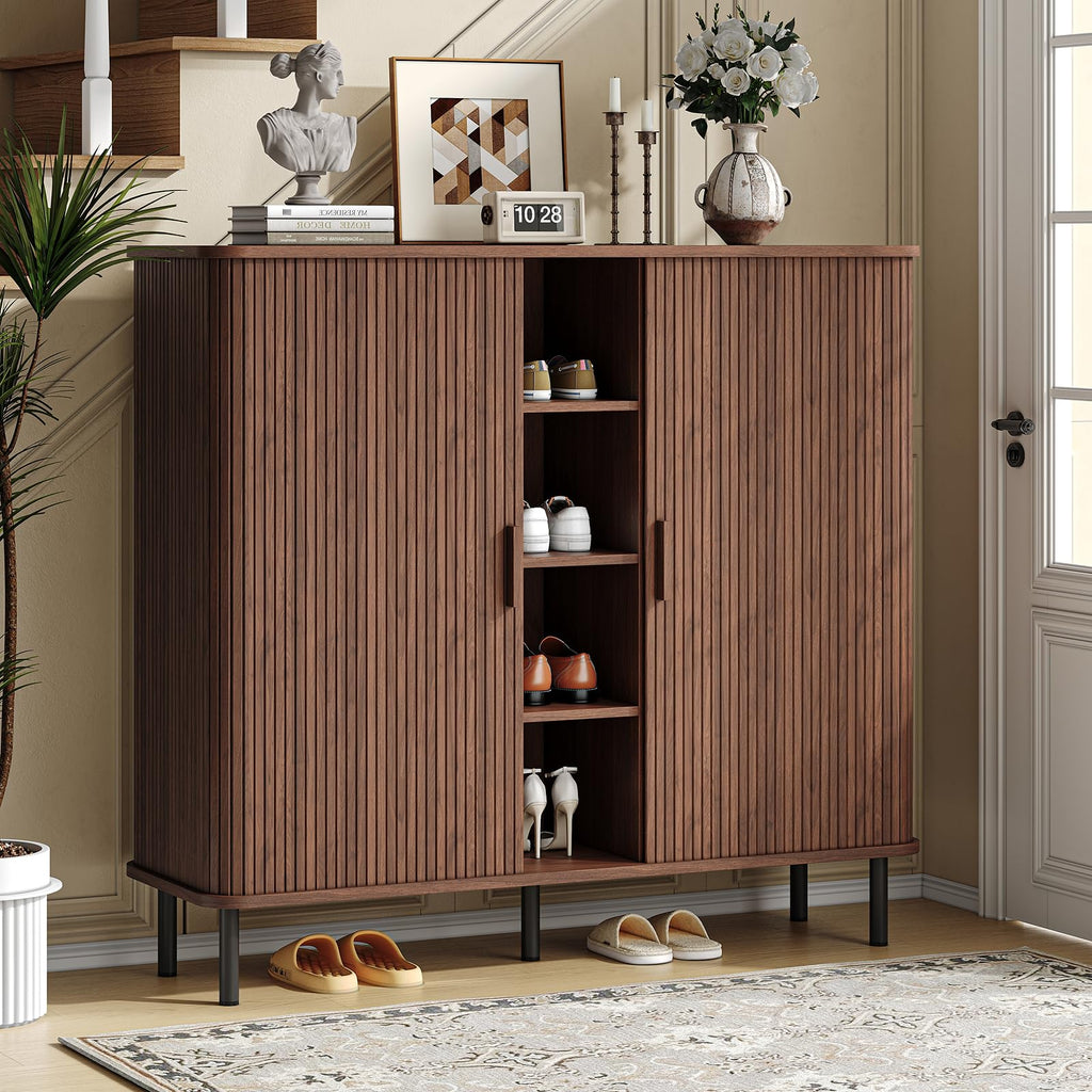 48" Large Shoe Cabinet with 2 Sliding Doors & Open Storage, Walnut