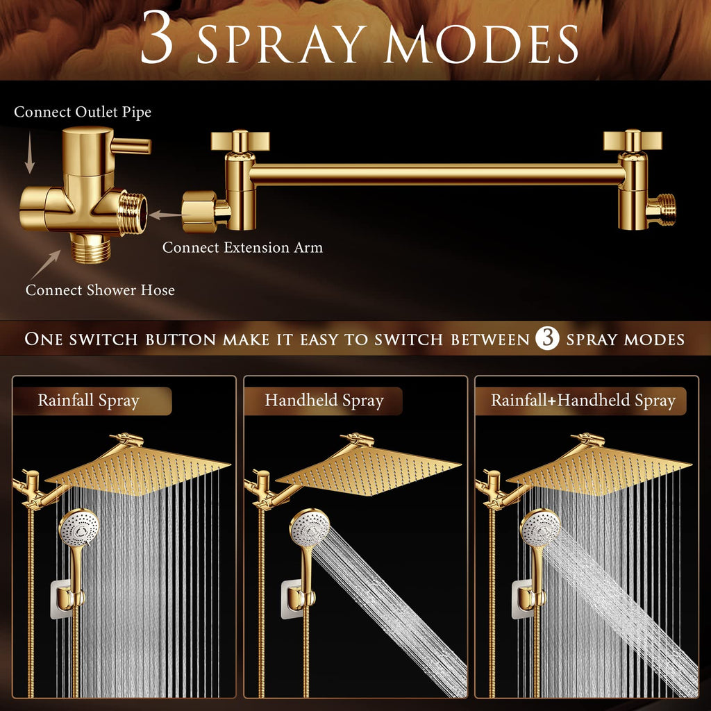 12" Gold Shower Head with Handheld and 11" Extension Arm