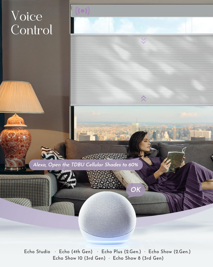 Smart Top Down Bottom Up Cellular Shades Compatible with Alexa Google Solar Powered Motorized TDBU Shades for Windows