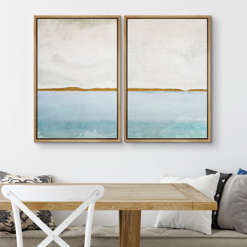 Framed Canvas Print Wall Art Set Gold Blue Ocean Sea Beach Landscape Nature Wilderness Illustrations Modern Art