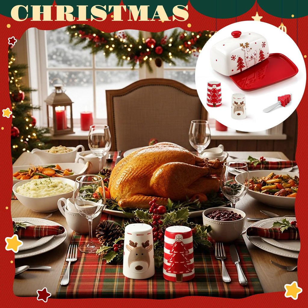 4 Pcs Christmas Dishes Set Include 1 Ceramic Elk Butter Dish with Lid 2 Salt and Pepper Shakers and 1 Christmas Tree