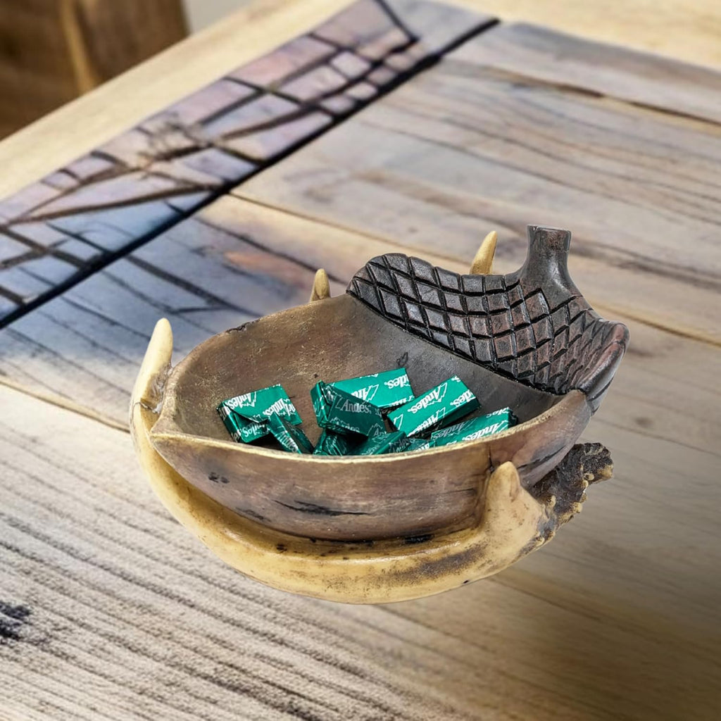 Antler & Acorn Resin Bowl - Rustic Woodland Decor for Cabin or Lodge - Candy Dish, Trinket Holder, Key Bowl, or