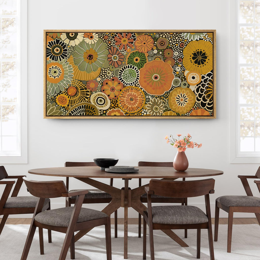 Extra Large Framed Canvas Print Wall Art Retro Floral Pattern Colorful Mid-Century Modern Floral Vibrant Botanical