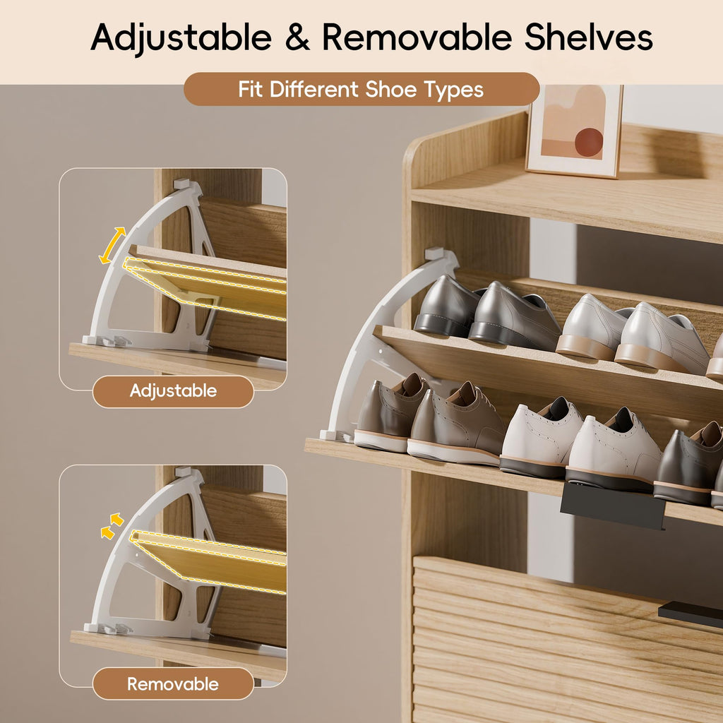 MU Shoe Storage Cabinet with 2 Flip Drawers, Freestanding Fluted Shoe Cabinet, Narrow Wood Shoe Cabinet, Hidden Shoe