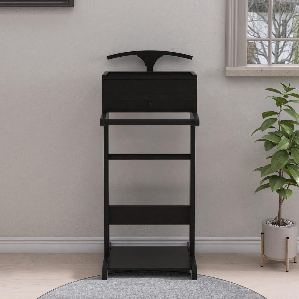 Suit Valet Stand for Men, Wood Clothes Rack with Drawer, Coat Hanger, Tray