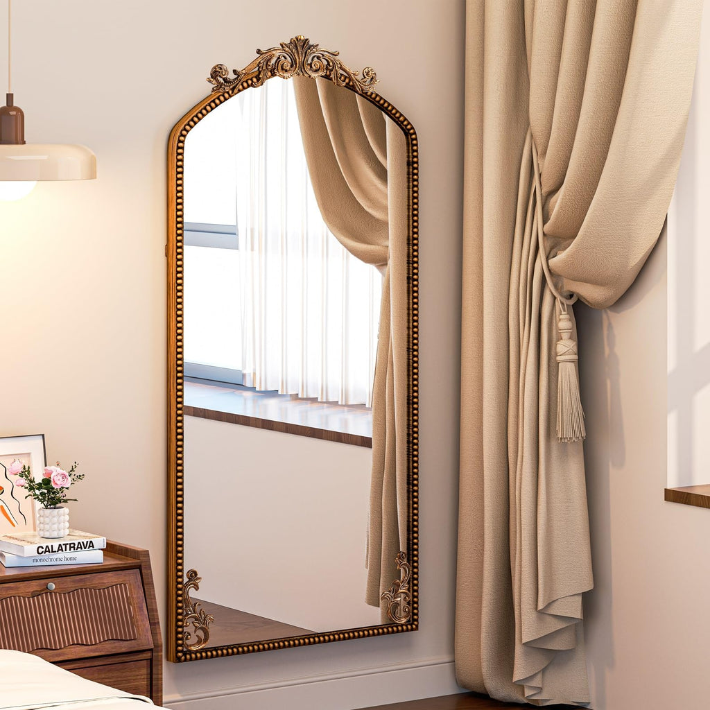 Gold Arched Full Length Mirror 71"×32", Large Traditional Vintage Baroque Inspired Floor Mirror, Ornate Antiqued