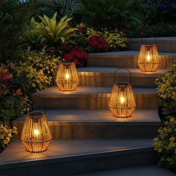 4 Pack Rattan Lantern Solar Outdoor Waterproof Hanging Lights
