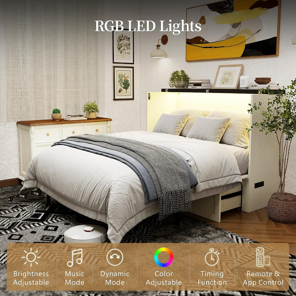 Queen Murphy Bed with Storage Drawer, Farmhouse Cabinet Bed with LED Lights & Charging Station, Space Saving Wall Bed