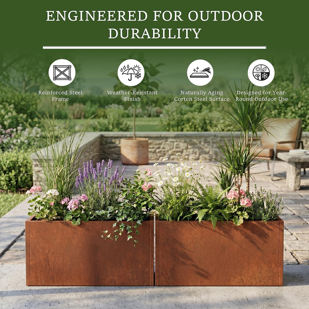 32 Inch Corten Steel Planter Box, Large Rectangular Planter