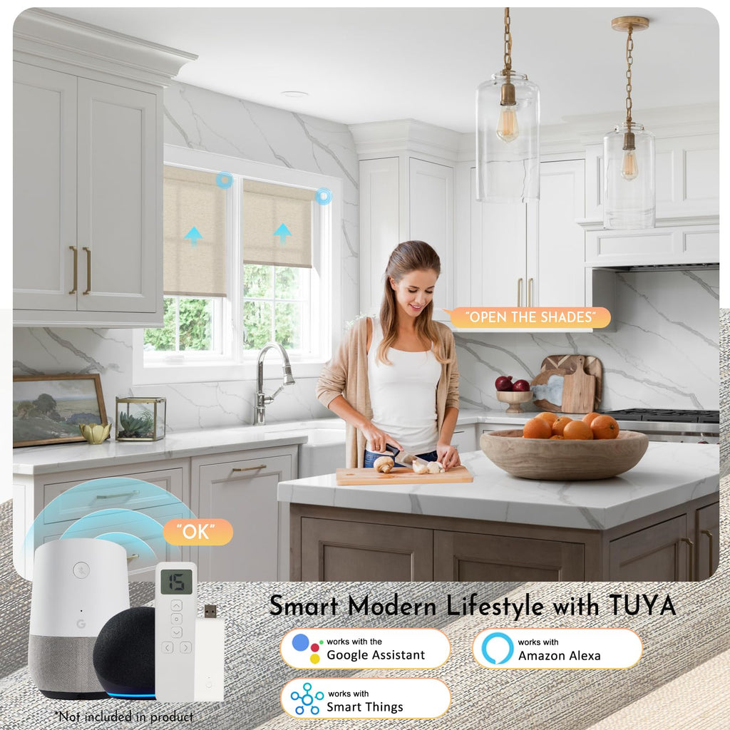 Smart Motorized Blinds with Remote, No Drill Automatic Roller Shades for Indoor Windows, Light Filtering Linen
