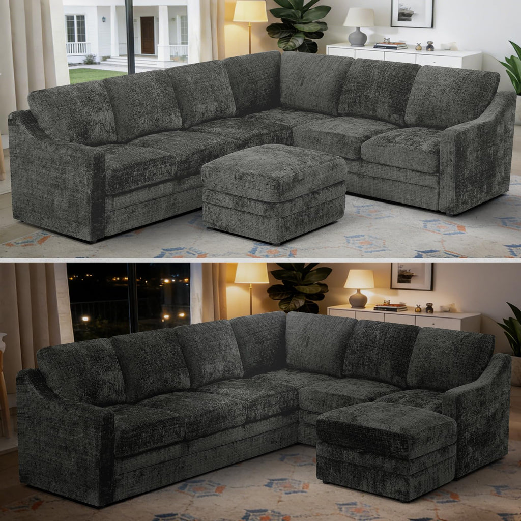 115 Inches Chenille Sectional Sofa with Storage Ottoman, Grey