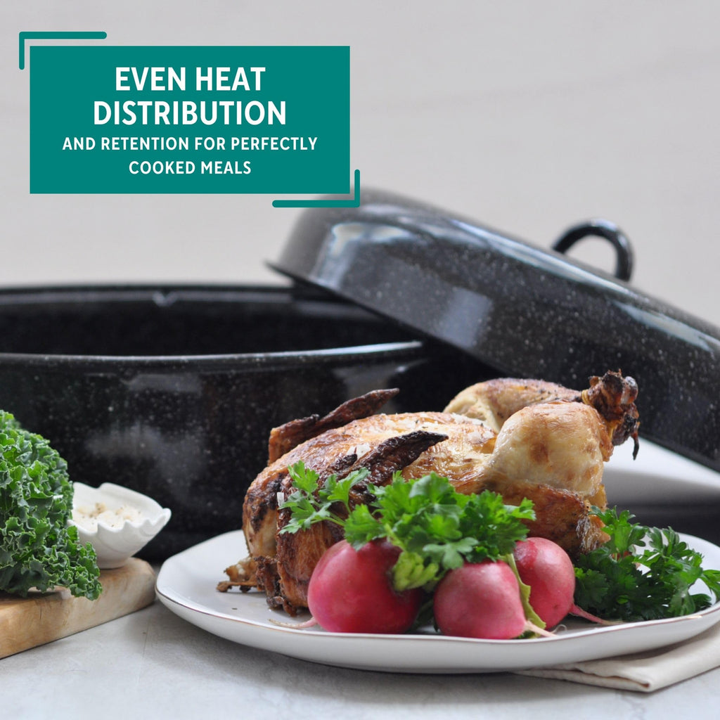 18 Inch Enamel Oval Roaster with Lid for Turkey, Black