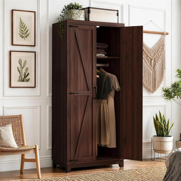 Dark Walnut Farmhouse Wooden Wardrobe with 2 Doors